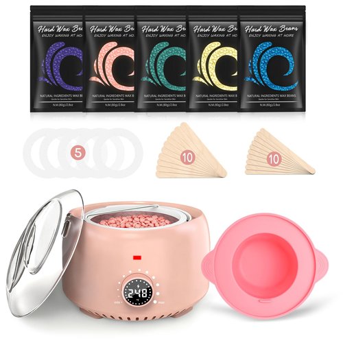 Waxing Kit for Women with 14oz 5 Bags Hard Wax Beans, Digital Display Blush