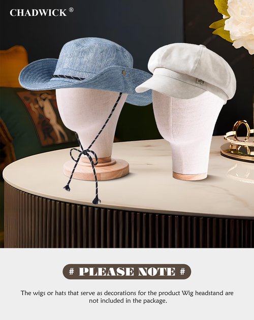 CHADWICK Wig Head Stand 21 Inch Mannequin Head Hat Display Stand Linen Wig Holder, Wig Display Model Fabric Head Wig Stand for Wigs, Hats, Caps, Headdress, Canvas Dome + Detachable Wood Stand