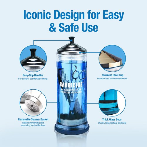 BARBICIDE Disinfecting Jar – Durable Glass Immersion Container with Stainless Steel Lid and Tray – Professional Salon, Spa & Barber Tool Sanitizer for Combs, Brushes & Implements - (Large - 37 Fl Oz)