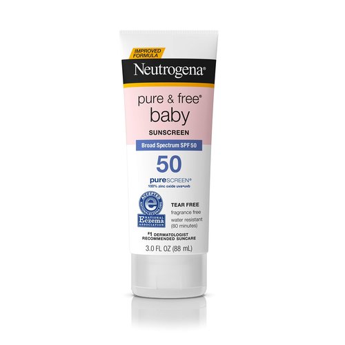 Neutrogena Pure & Baby Mineral Sunscreen Lotion with Broad Spectrum SPF 50 & Zinc Oxide, Water-Resistant, Hypoallergenic & Tear-Free Baby Sunscreen, 3 fl. oz (Pack of 2)