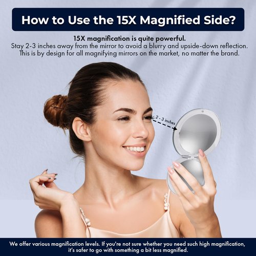 MIRRORVANA Small Compact 15X Magnifying Travel Makeup Mirror - Lightweight, Handheld, and Foldable Design - Mini Pocket-Sized Magnified Mirror for Purse or Handbag - 3.3" Diameter