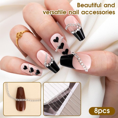 8 Strips Metal Chain Nail Art Charms - Silver Jewelry Chains 3D Decorations Supplies - Punk Studs Accessories for DIY Making Manicure Jewelry (Silver)