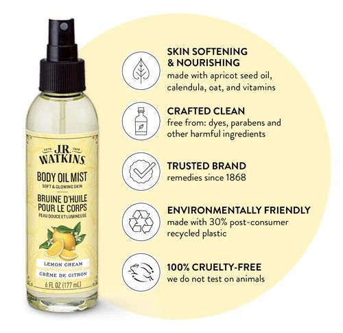 J.R. Watkins Naturally Hydrating Body Oil Mist, Lemon Cream, 6 fl oz, 2 Pack