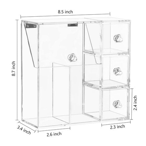 HBlife Makeup Brush Holder, Acrylic Makeup Organizer with 2 Brush Holders and 3 Drawers Dustproof Box, Free Pink Pearl Included