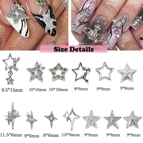 100pcs Star Charms for Nails Star Nail Charms Star Charms Y2K Nail Charms 3D Alloy Nail Stars Nail Rhinestones Nail Charms and Gems for Women and Girls Nail Design(13 Styles)