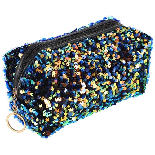 KESYOO Glitter Sequin Cosmetic Bag, Portable Travel Makeup Bag, Lightweight Large Capacity Toiletry Organizer for Women and Girls, Sparkly Square Storage Pouch for Cosmetics and Accessories (Blue)