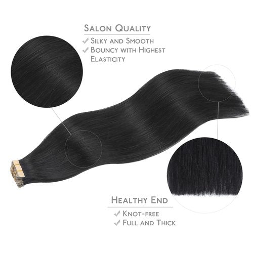 WENNALIFE Tape in Hair Extensions Human Hair, 20pcs 50g 20 inch Jet Black Remy Hair Extensions Straight Human Hair Tape in Extensions Skin Weft Tape Extensions Human Hair