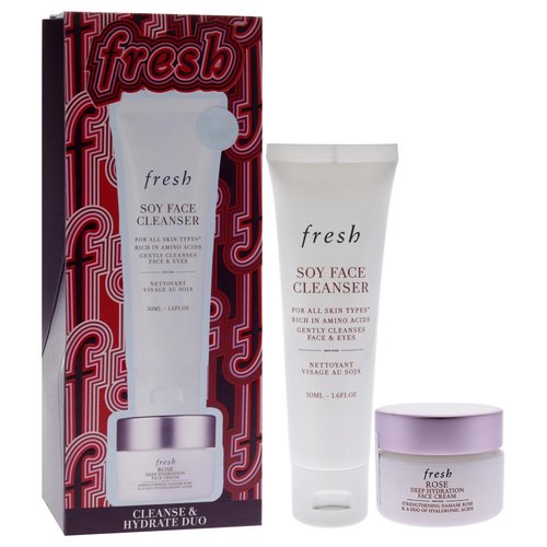 Fresh Cleanse And Hydrate Kit for Women - 2 Pc 0.5oz Rose And Hyaluronic Acid Deep Hydration Moisturizer, 1.6oz Soy Hydrating Gentle Face Cleanser
