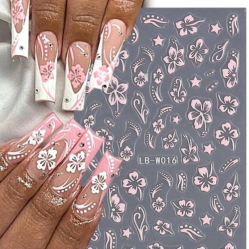 3D Hibiscus Flower Nail Art Stickers - Self-Adhesive Gold, Pink, White Design Decals for Women's Nail Decoration - 4 Sheets