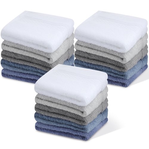 Tudomro 15 Counts Washcloths Bulk 13 x 13 Inch 100% Cotton Wash Cloths Set Soft Absorbent Face Cloths Face Towels Quick Drying Hand Fingertip Towels for Hotel, Gym, Bathroom, Spa(Blue Gray Series)