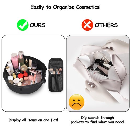 SUMBABO Drawstring Makeup Bag Open Flat – Barrel Drawstring Cosmetic Bag for Women Toiletry Bag for Travel with Brush Bag (Black)