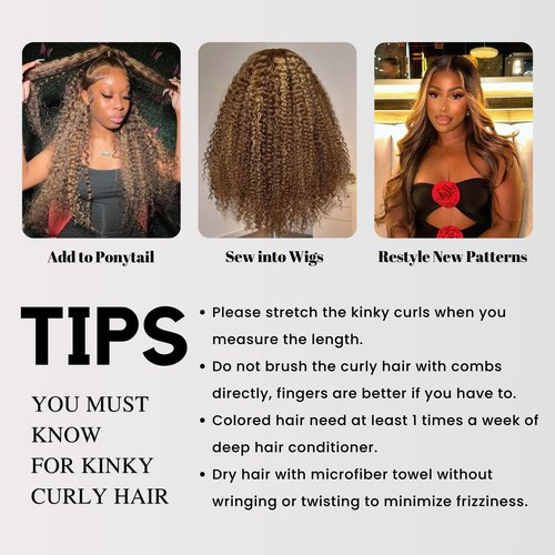 AUROO #P4/27 Highlighted Kinky Curly Single Bundles Human Hair 12Inch, 12A 100% Virgin Honey Blonde Highlight Brazilian Tight Curly Bundles Thick Track Brazilian Ombre Brown Colored Weaves Sew In Remy