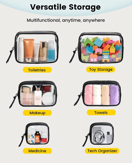 Vorspack Travel Makeup Bag - 3 Pack Travel Toiletry Bag for Women Clear Cosmetic Bag Makeup Organizer Zipper Pouch for Travel Essentials Storage - Black