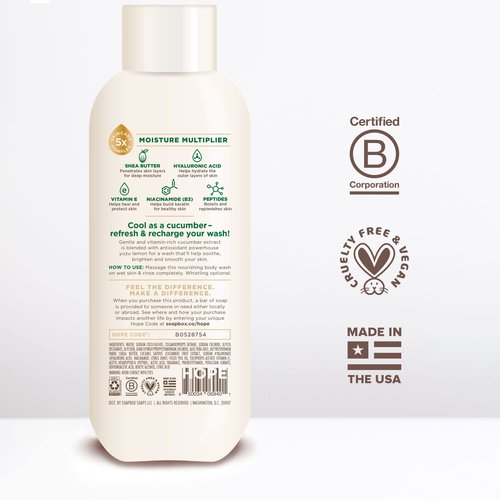 Soapbox Cucumber + Yuzu Lemon Body Wash for Women, Men, Vegan + Antioxidant Rich, Soothing, Moisturizing Soap with Shea Butter, Peptides & Keratin Promoting B3, 3 Pack, 20oz Each