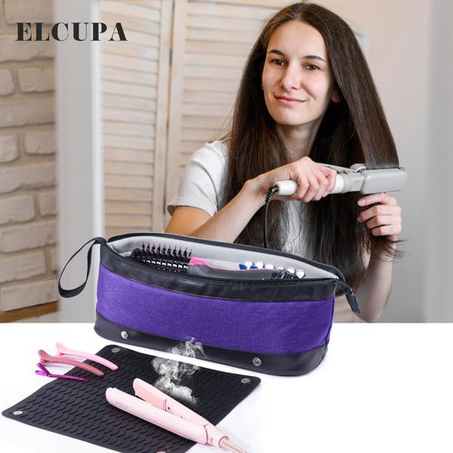 ELCUPA 2IN1 Hair Tools Travel Bag with Removable Heat Resistant Mat Curling Iron Travel Case, Hair Dryer Organizer for Flat Irons, Straighteners and Haircare Accessories, Hot Tools Travel Bag Hair