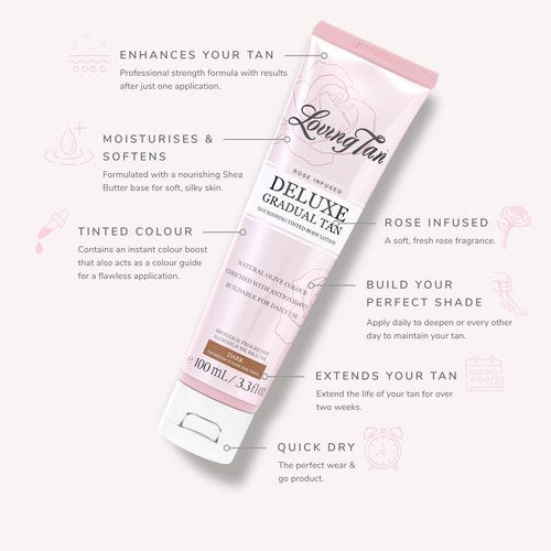 Loving Tan Rose Scented Deluxe Gradual Tan Lotion, Dark-Natural Looking Self Tanner, Professional Strength Sunless Tanner, 5+ Self Tanning Applications-Cruelty Free, Naturally Derived DHA-3.3 Fl Oz