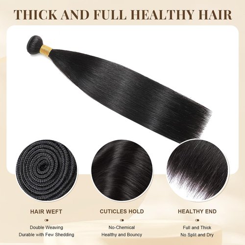 MIRONICA Straight Human Hair Bundles 24 Inch 12A Brazilian 1 Bundles Human Hair 100% Unprocessed Virgin Hair Double Machin Weft for Black Women Natural Black Color Hair Extensions