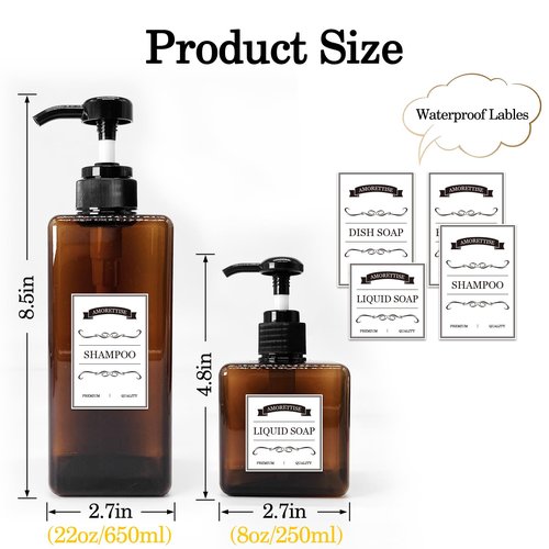 Amorettise 12 Pack Shampoo and Conditioner Dispenser Bottles, 8 Pack 22 Oz and 4 Pack 8 Oz Refillable Square Plastic Pump Bottles, Shower Soap Dispenser for Shampoo Conditioner Body Wash (Amber)