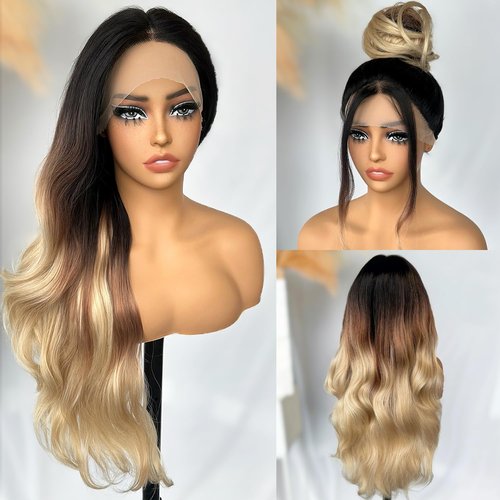 SOKU Lace Front Wavy Wigs for Women 30 Inch Ombre Blonde Body Wave Synthetic Hair Triple Tones T Part Transparent Swiss Lace Front Wig for Women