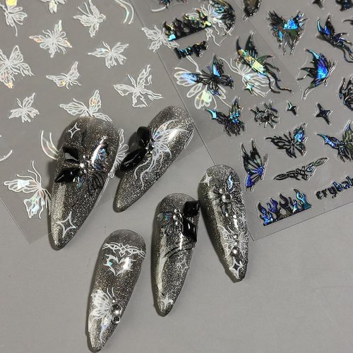8 Sheet Black White Butterfly Nail Art Stickers 3D Butterflies Nail Decals for Women 3D Holographic Laser Butterfly Sparkly for Nail Designs Butterfly French Glitter DIY Nail Charm Manicure Decoration