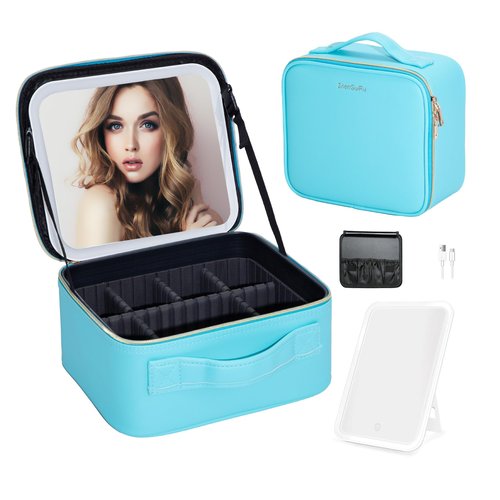 Gdsshuhung Makeup Bag with Mirror | Partitionable Professional Makeup Organizer | Large Travel Makeup Bag for Women | Cosmetic Case for Daily & On-the-Go Use (Lake Blue)