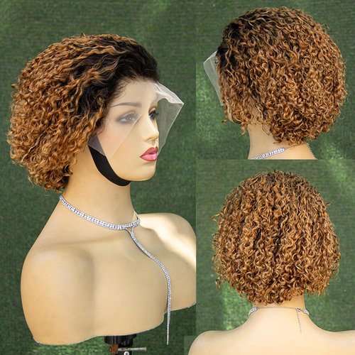 Topnormantic Short Curly Wigs for Black Women Human Hair 13x4 Ombre Honey Blonde Curly Lace Front Wigs Wigs Pre Plucked with Baby Hair 12A Brazilian Virgin Hair Glueless Pixie Cut Curly Wigs 6 Inch