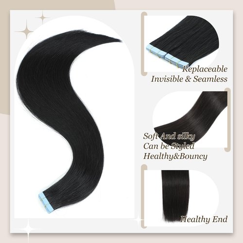 Tape in Hair Extensions Human Hair, Hair Extensions 20 Inch 20pcs Jet black Remy Straight Human Hair Tape in Extensions Skin Weft Tape Extensions Human Hair