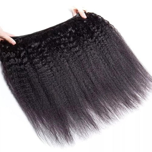OLFORY Hair Bundles 12A Yaki Kinky Straight Human Hair 3 Bundles 100% Unprocessed Mongolian Virgin Human Hair Kinky Straight Bundles Yaki Hair Natural Color (12 14 16)