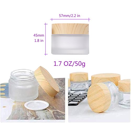 Healthcom 8 Pack 50 Gram/50 ml Round Empty Jars Frosted Glass Bottle Cosmetic Cream Jar Wood Grain Lid Cosmetic Container Glass Cream Box Refillable Lotion Cream Pot Jars for Makeup Lip Balm Eyeshadow