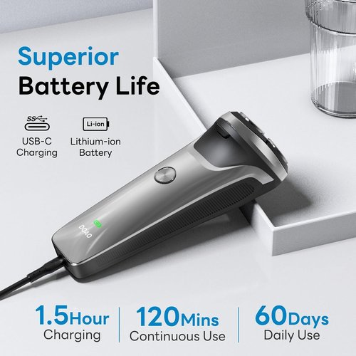 DOAO Electric Razor for Men, 100% Waterproof, Gentle on Sensitive Skin, Wet & Dry Rotary Electric Shavers for Men, Pop-up Beard Trimmer, 120 Min Shaving, 1.5H Fast Charge, Ergonomic Men's Shaver