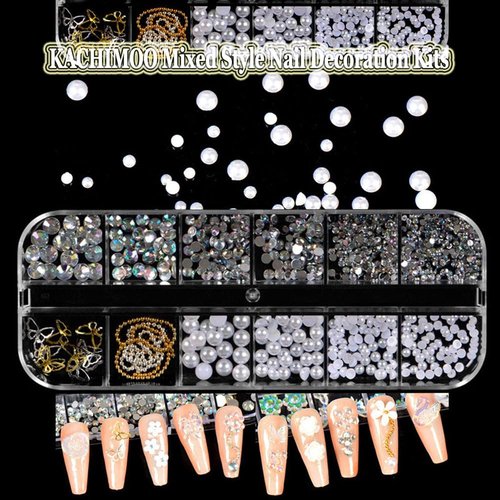 KACHIMOO 2 Boxes Mixed Nail Charms and Rhinestones 3D Butterfly Flower Bow Heart Bear Nail Art Charms Flatback Pearl Nail Gems Nail Chains for Nail Art Design