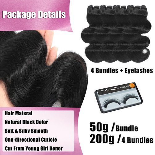 Body Wave Human Hair Bundles - 4 Bundles 10 12 Inch 12A 100% Unprocessed Brazilian Virgin Hair Weave - Natural Black Color (10/10/12/12 Inch)