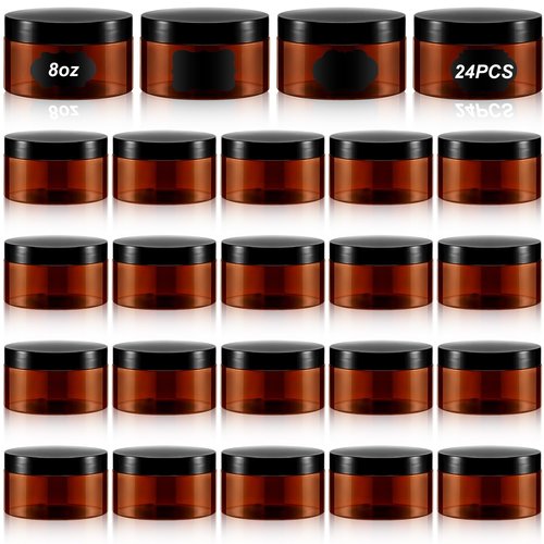 Dandat 24 Pcs 8 oz Plastic Jar Container with Lid and Label Refillable Empty Round Amber PET Cosmetic Sample Containers for Lotion, Cream, Ointments, Body Butter, Makeup, Travel Storage
