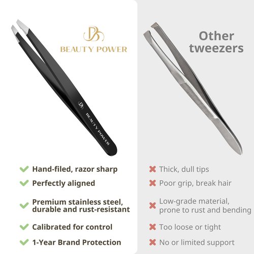 Beauty Power Professional Ultra-Precision Slant Tweezers for Women Facial Hair - German Stainless Steel, Tweezers for Men & Women, Black Eyebrow Tweezer for Ingrown Hair - Black