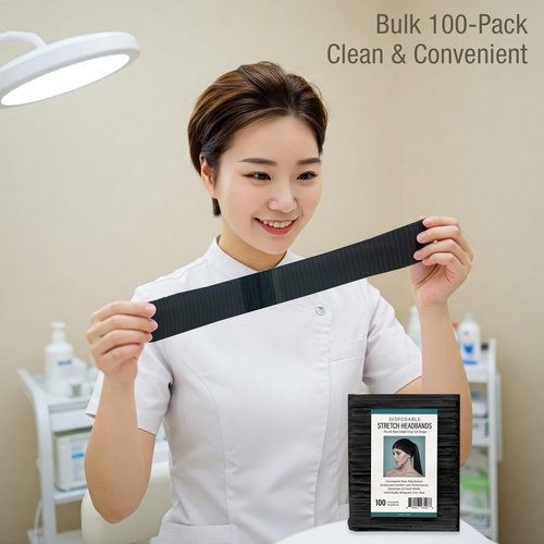 Appearus Professional Disposable Headbands with Single Snap Tab - 100 Pack Individually Wrapped Spa Headbands for Estheticians, Makeup Artists & Salon Professionals, Black