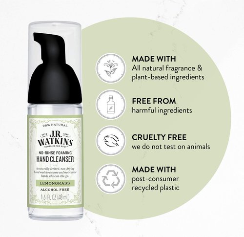 J.R. Watkins No-Rinse Foaming Hand Cleanser – Hand Soap in Pump Dispenser – Bathroom & Kitchen Foam Cleaner – All Natural, Alcohol Free, Lemongrass, 1.6 fl. Oz., 6 Pack