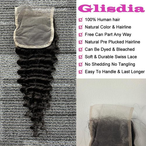 4x4 Deep Wave Lace Closure Human Hair 18 Inch Ear to Ear HD Lace Free Part Closure 100% Brazilian Virgin Human Hair Extensions 150% Density Lace Closure Pre Plucked Natural Black Color