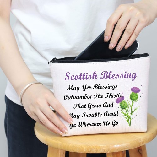 MNIGIU Scottish Thistle Makeup Cosmetic Bag Scottish Blessing Gift May Yer Blessings Outnumber The Thistle That Grow Travel Zipper Pouch (scottish blessing bag)