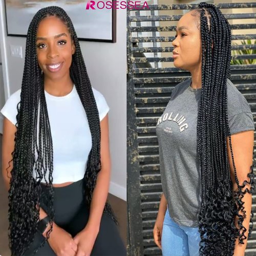 38 Inch Black Crochet Braids Box Braids Crochet Hair For Women 6Packs Long Black Box Crochet Braid Hair With Curly Ends(38inch, 1B#)