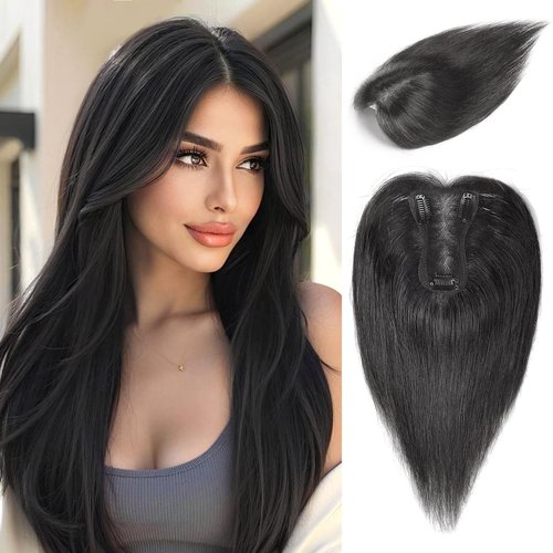 SHEIRIS Natural Black Human Hair Toppers for Women, for Women with Thinning Hair Swiss Base, No Bangs, 10 Inch (#1B)