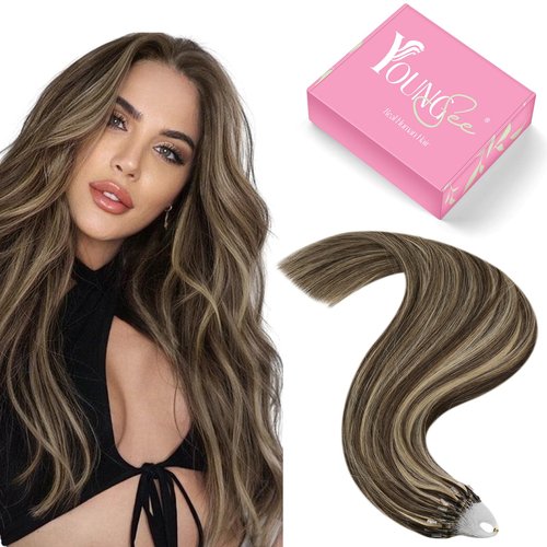 YoungSee Micro Hair Extensions Human Hair Brown Highlight Micro Ring Hair Extensions Dark Brown Highlight Blonde Micro Link Hair Extensions Human Hair Bead Hair Extensions Real Human Hair 18In 50s 50g