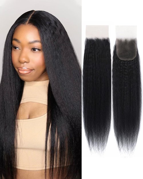 Kerriana Kinky Straight Closure 100% Human Hair 14 Inch Transparent 4x4 Closure Light Yaki Natural Black Color For Women