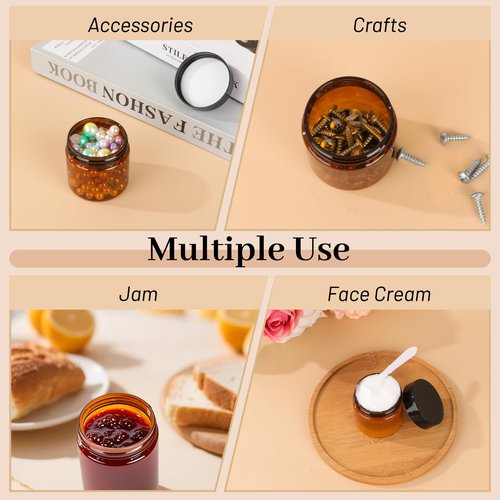 AuroTrends 2oz Amber Plastic Jars with Lids 24Pack, Small Salve Containers Ideal for Creams, Candles, Accessories and DIY Lotions, White Stickers and Spatula Included (60ml, Set of 24）