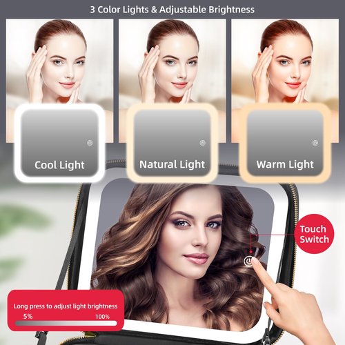 RRtide Travel Makeup Bag with Mirror of LED Lighted, Makeup Train Case with Adjustable Dividers, Makeup Case with Mirror and Detachable 10x Magnifying Mirror