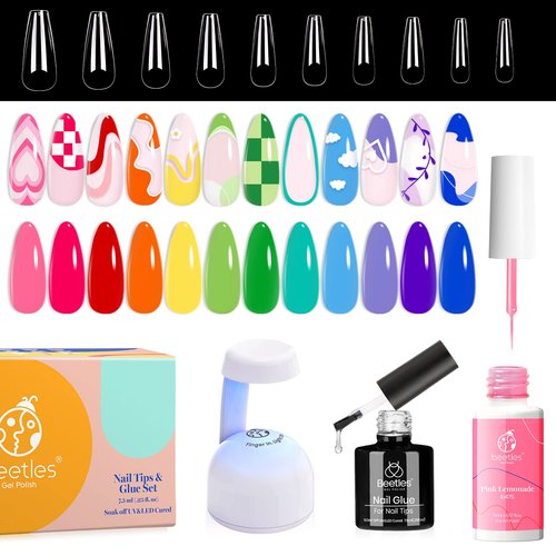 Beetles Gel Polish Nail Art Liner Gel Set Rainbow Pastel Gel Art Paint and Gel Nail Kit Easy Nail Extension Set with 500Pcs Soft Gel Nail Tips Coffin Shape