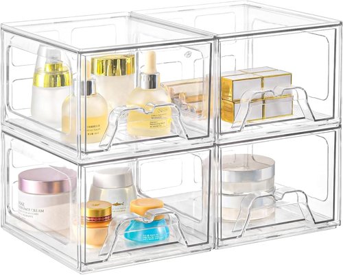 KOKOIN Stackable Makeup Organizer Storage Drawers Set of 4, Clear Plastic Organizer Bins for Beauty Supplies,Ideal for Vanity, Bathroom,Cabinet,Pantry Organization (4 Short)