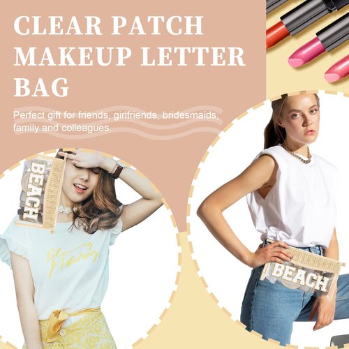 Iqimott 2Pcs Clear Patch Makeup Letter Bag, Boho Letter Bag for Beach Swim, Waterproof Zipper Make up Bags Toiletry Pouch for Women Girls, Clear Letters Patch Cosmetic Bags for Travel(Beach)