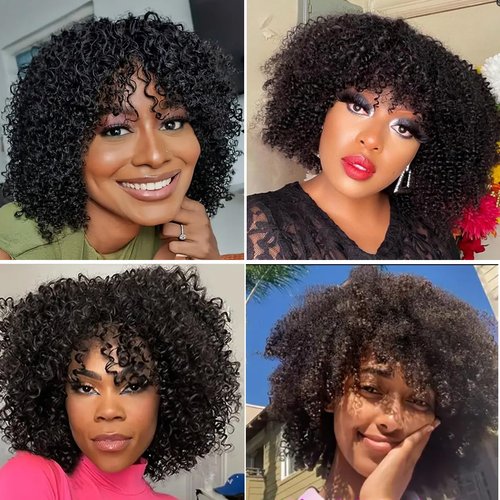 PECWU Afro Kinky Curly Wig Human Hair with Bangs Jerry Curly Human Hair Wig Burmese Curly Afro Kinky-Curly Human Hair Glueless Wear and Go for Black Women 12“