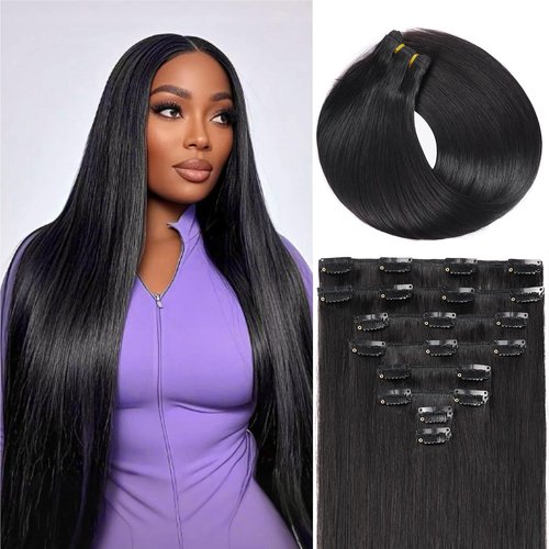 Nuzusa Clip in Hair Extensions Real Human Hair,100% Brazilian Remy Human Hair Extensions for Women,1B Natural Black 8pcs Per Set with Double Weft,20inch 105g,Straight