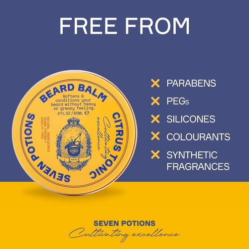 SEVEN POTIONS Beard Balm for Men — Conditioning Softener to Nourish Skin, Facial Hair, and Stop Beard Itch — All-Natural, Vegan, Cruelty Free — Citrus Tonic (2 FL OZ)